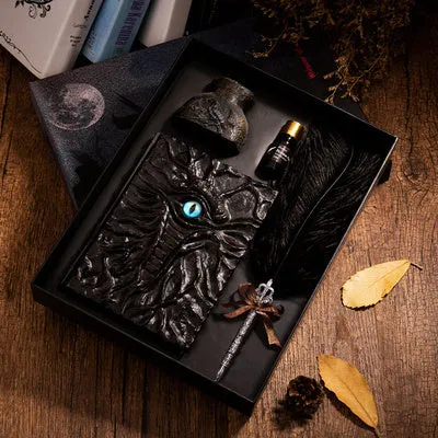 Demon Eye Cthulhu embossed notebook with dark kraft paper cover, open to show Daolin paper pages.