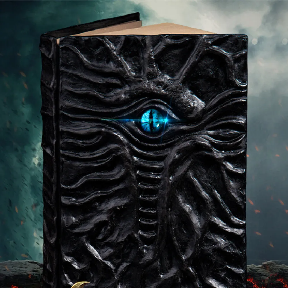Demon Eye Cthulhu embossed notebook with dark kraft paper cover, open to show Daolin paper pages.