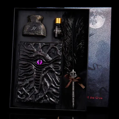 Demon Eye Cthulhu embossed notebook with dark kraft paper cover, open to show Daolin paper pages.