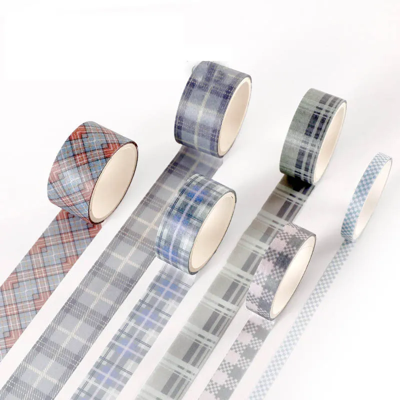Set of six rolls of retro plaid decorative Japanese paper tape in various colours and widths.