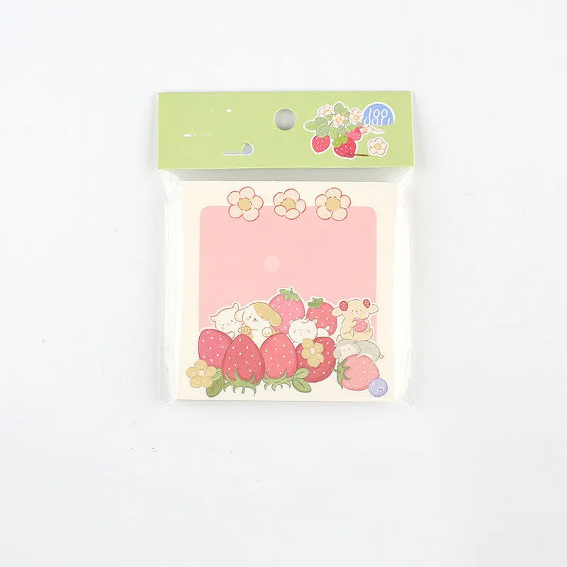 Minky's kawaii milk strawberry memo pad with 100 sheets, shown in six colourful 80x80mm designs.
