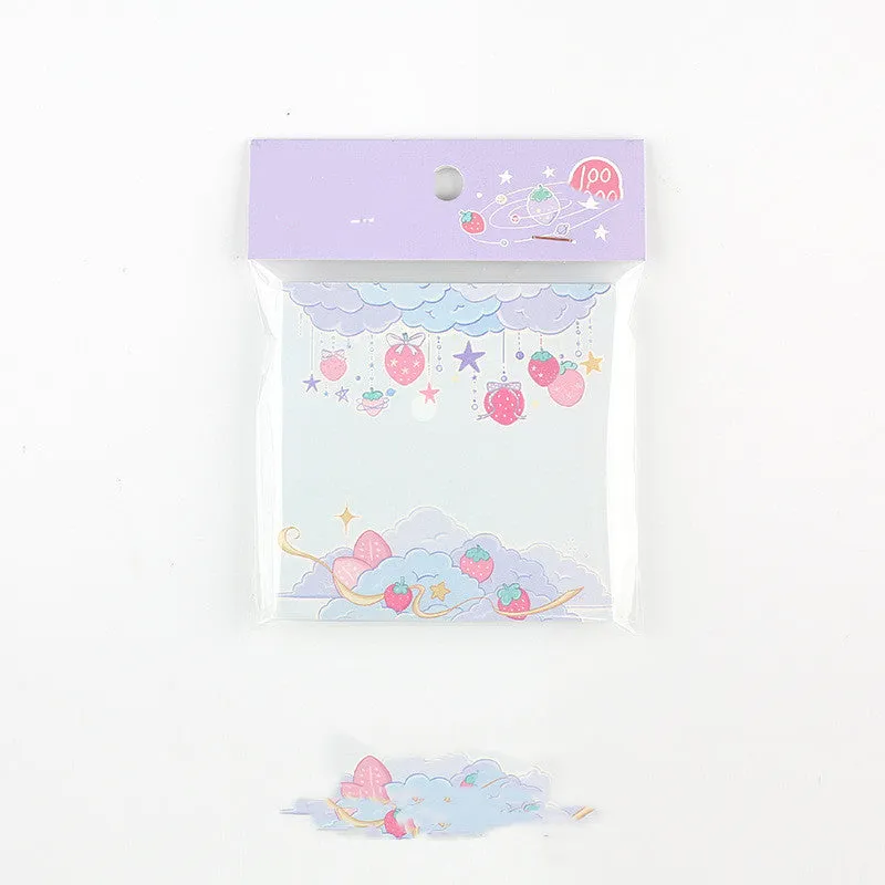 Minky's kawaii milk strawberry memo pad with 100 sheets, shown in six colourful 80x80mm designs.