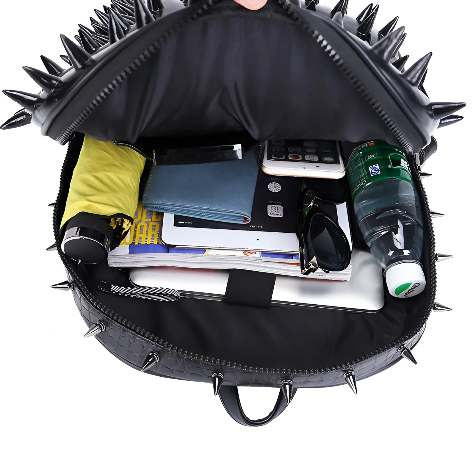 Black oval punk style women's backpack made of PU leather with air cushion straps and open pockets.