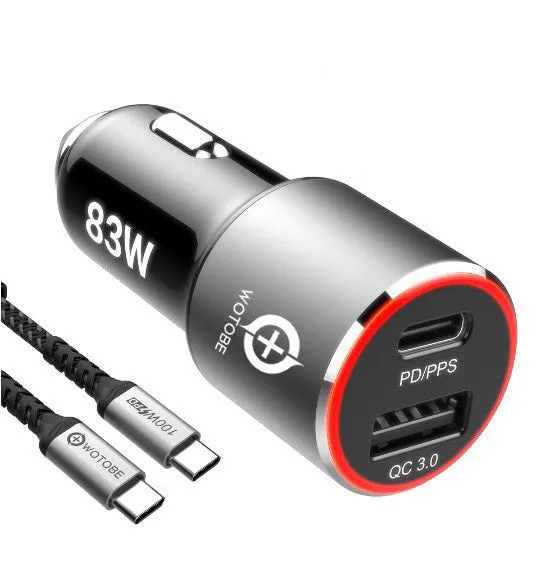 83W dual-port fast car charger with USB-C and QC3.0 sockets for laptops and phones.