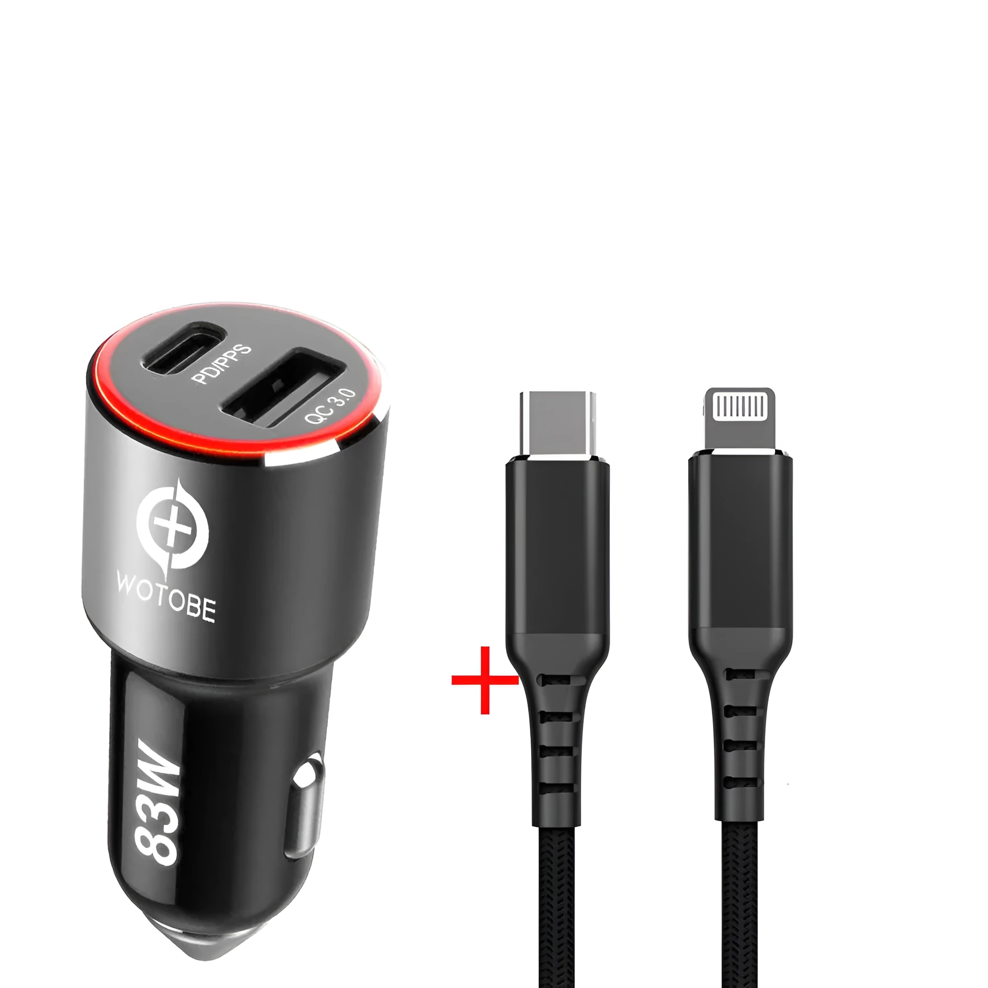83W dual-port fast car charger with USB-C and QC3.0 sockets for laptops and phones.