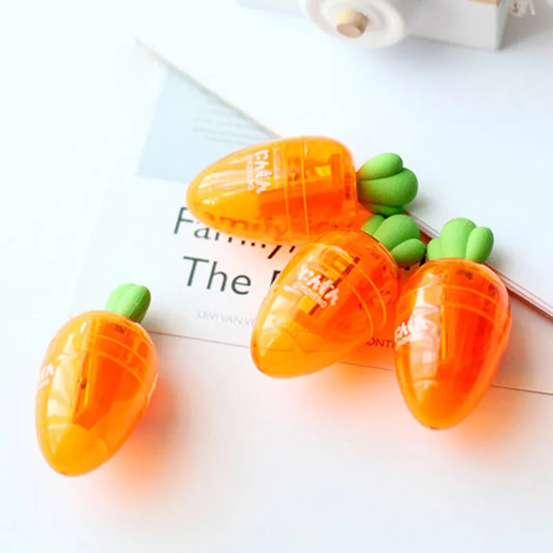 Carrot-shaped plastic pencil sharpener stationery with 7cm handle and safe blade-free design