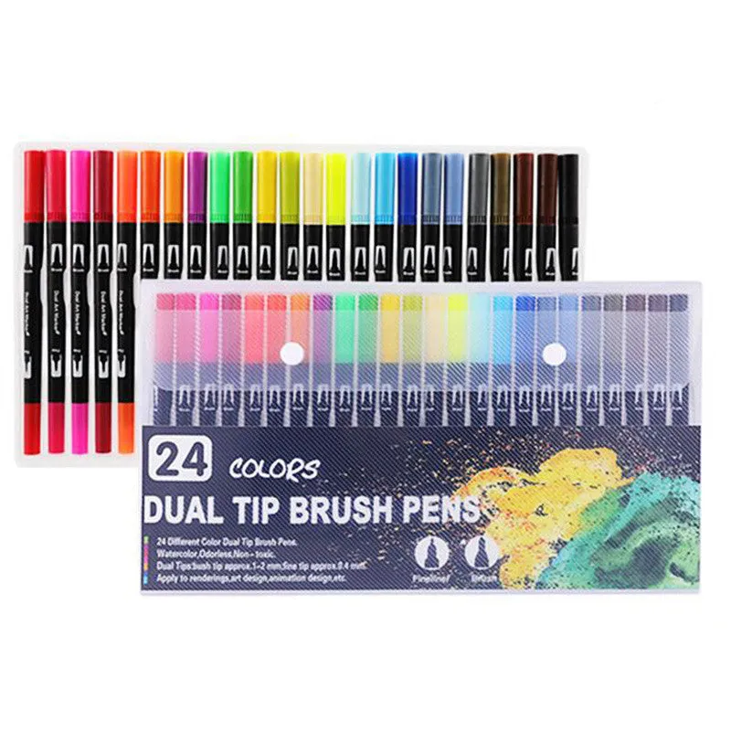 Set of double-ended soft-tip watercolour marker pens with brush and fine tips in a PP storage case.