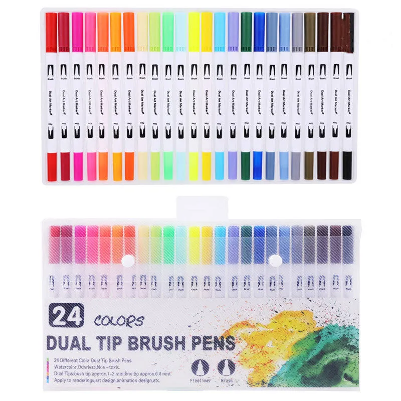 Set of double-ended soft-tip watercolour marker pens with brush and fine tips in a PP storage case.