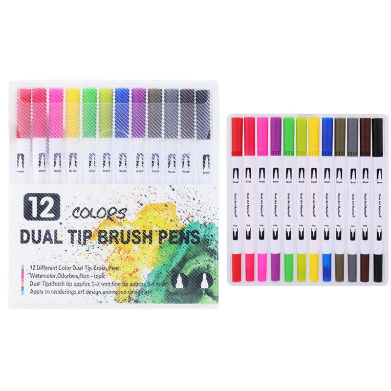 Set of double-ended soft-tip watercolour marker pens with brush and fine tips in a PP storage case.