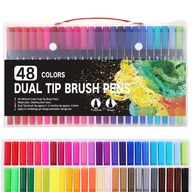 Set of double-ended soft-tip watercolour marker pens with brush and fine tips in a PP storage case.