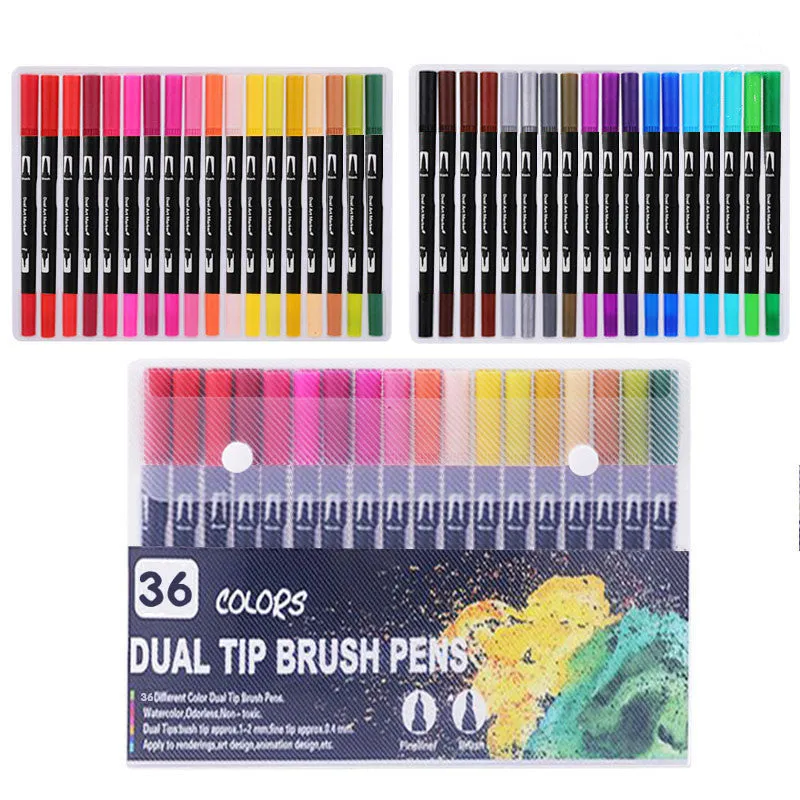 Set of double-ended soft-tip watercolour marker pens with brush and fine tips in a PP storage case.