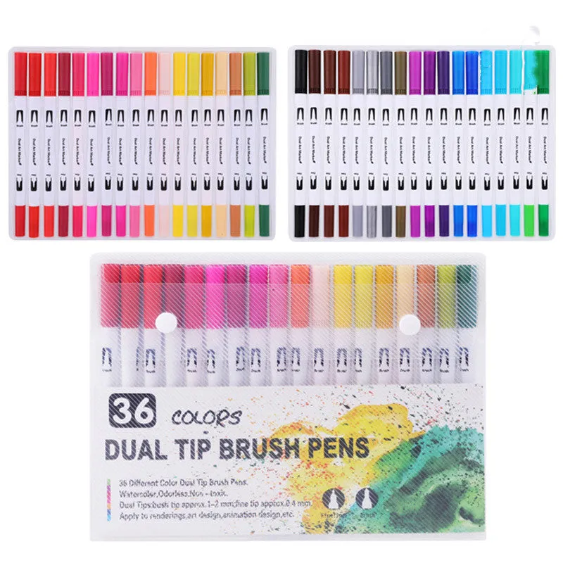 Set of double-ended soft-tip watercolour marker pens with brush and fine tips in a PP storage case.