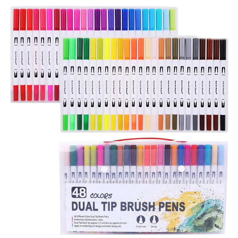 Set of double-ended soft-tip watercolour marker pens with brush and fine tips in a PP storage case.