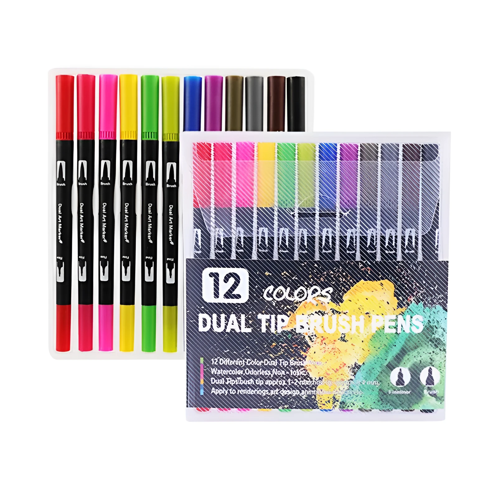 Set of double-ended soft-tip watercolour marker pens with brush and fine tips in a PP storage case.