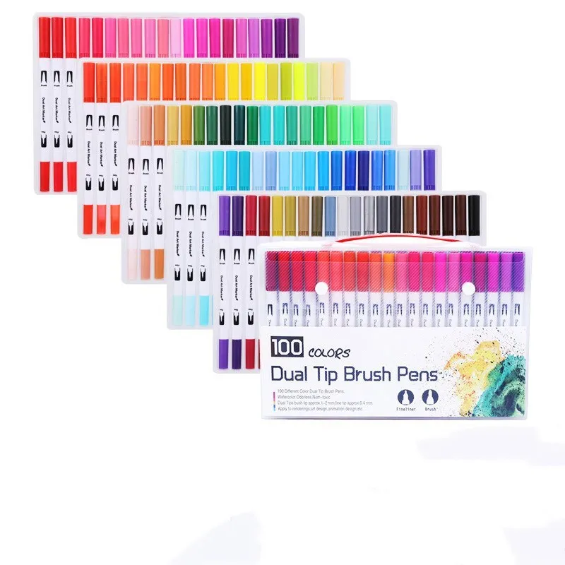 Set of double-ended soft-tip watercolour marker pens with brush and fine tips in a PP storage case.