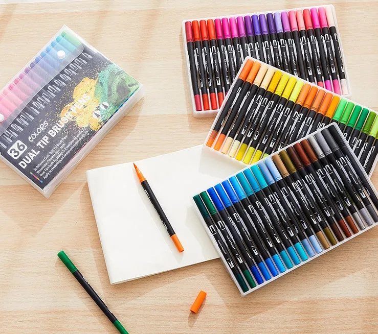 Set of double-ended soft-tip watercolour marker pens with brush and fine tips in a PP storage case.