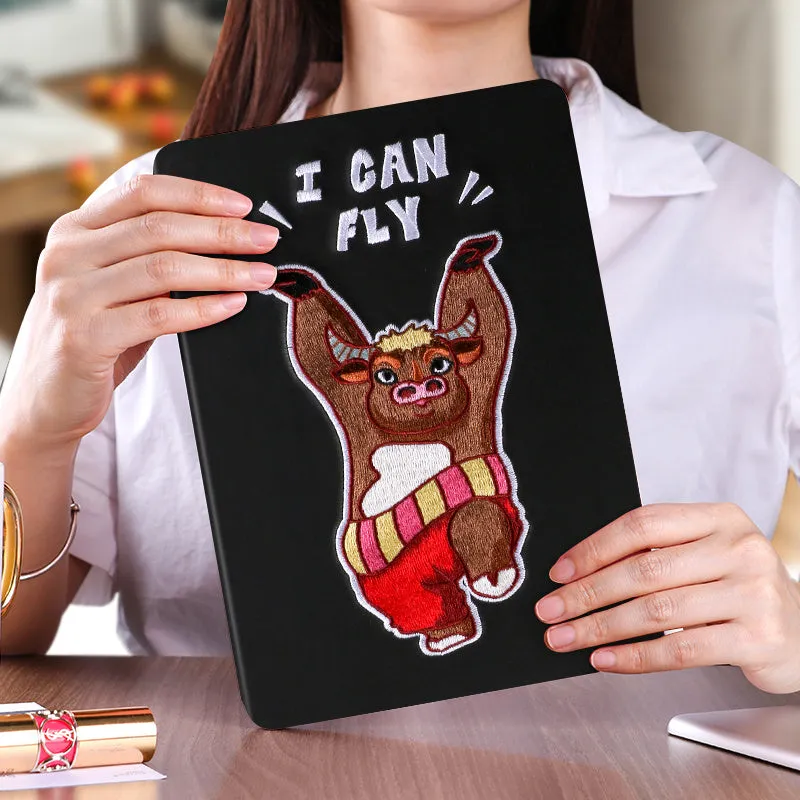 Cartoon design silicone protective sleeve for iPad with imitation leather finish and included screen protector.