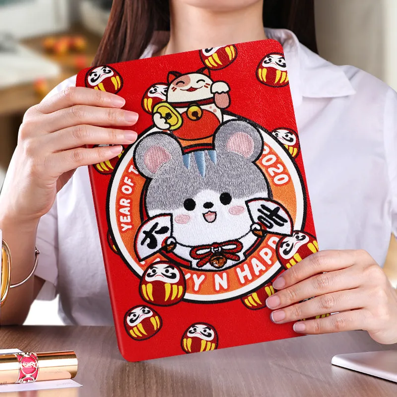 Cartoon design silicone protective sleeve for iPad with imitation leather finish and included screen protector.