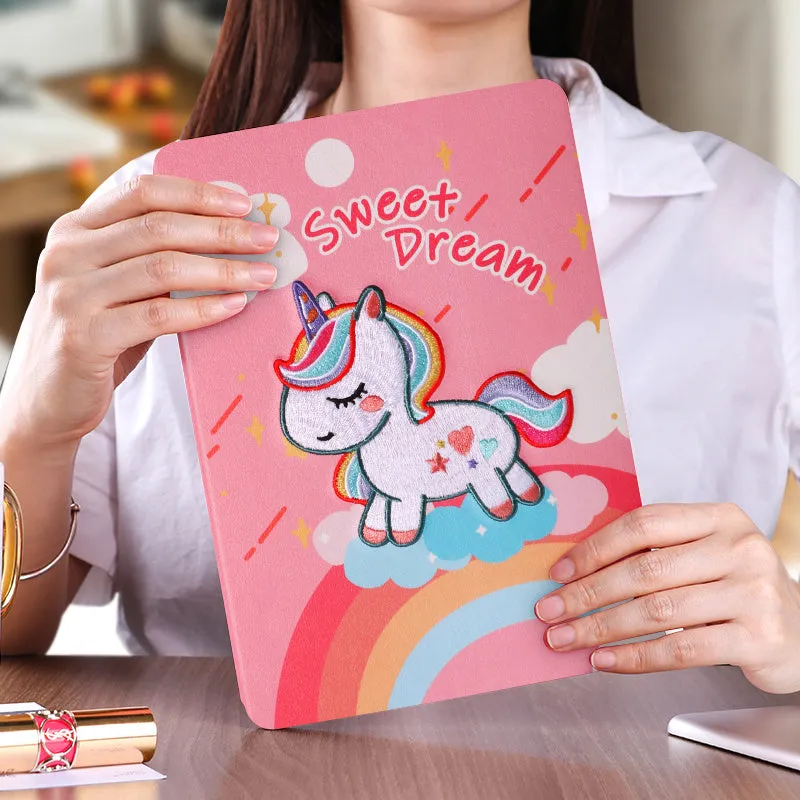 Cartoon design silicone protective sleeve for iPad with imitation leather finish and included screen protector.