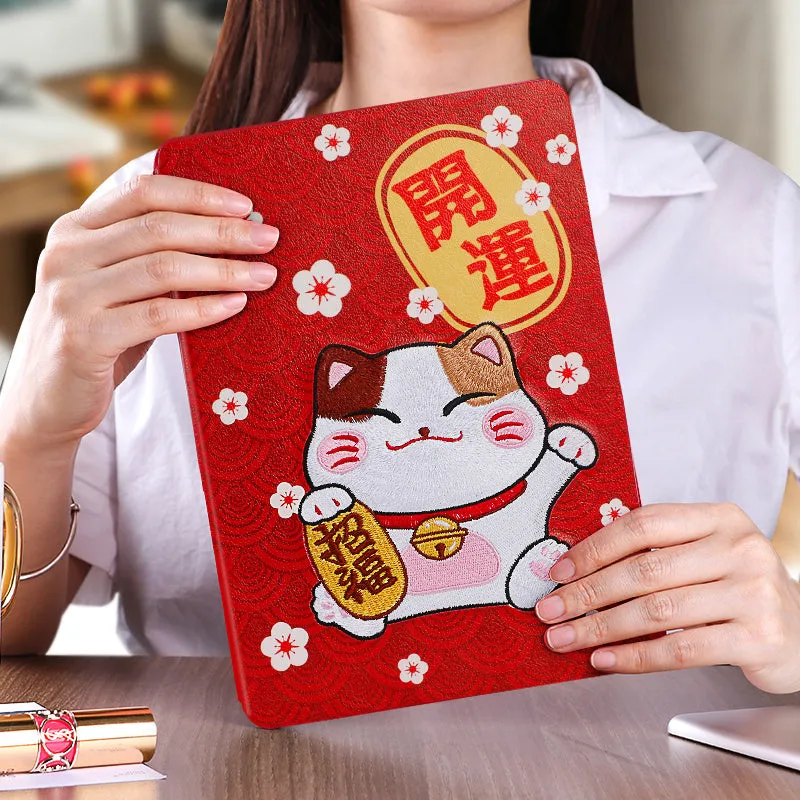 Cartoon design silicone protective sleeve for iPad with imitation leather finish and included screen protector.