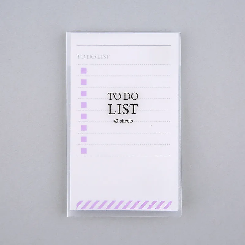 Yellow, green, and purple A6 tearable notebooks with frosted PP covers, showing size of 13 by 8 cm