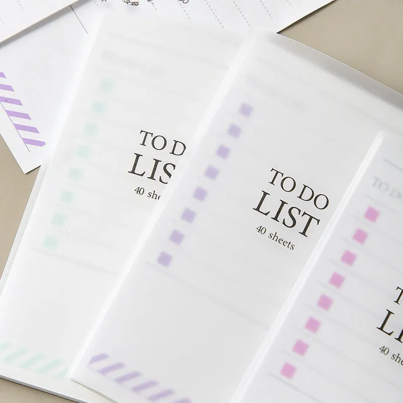 Yellow, green, and purple A6 tearable notebooks with frosted PP covers, showing size of 13 by 8 cm