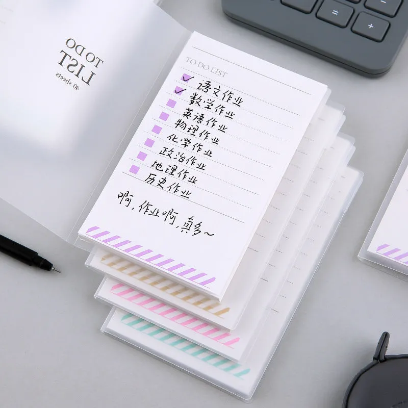 Yellow, green, and purple A6 tearable notebooks with frosted PP covers, showing size of 13 by 8 cm