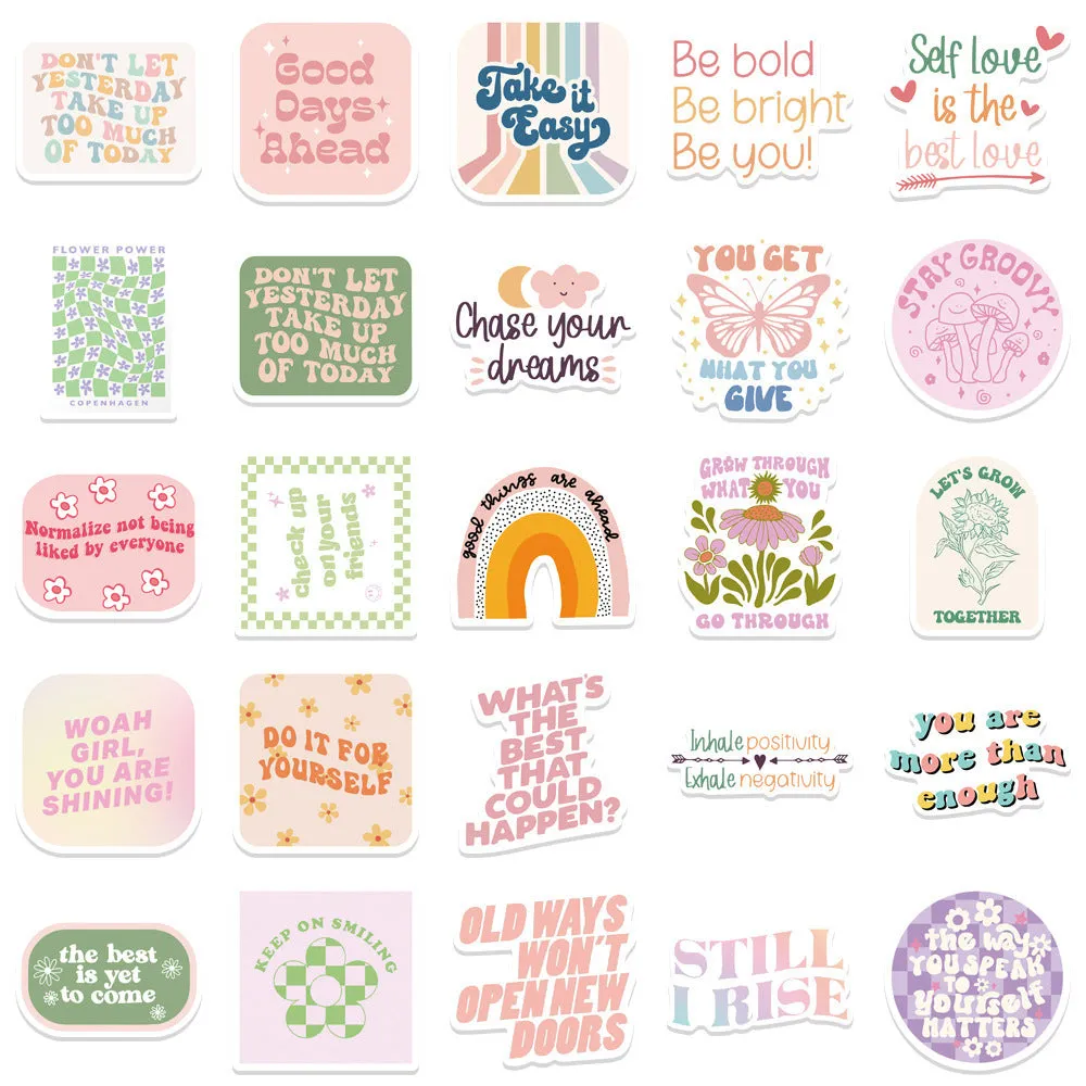 Pack of 50 Danish pink motivational stickers with cartoon graffiti patterns, each 4-6cm.
