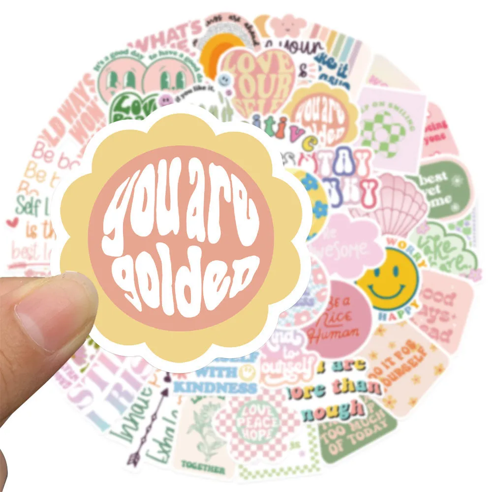 Pack of 50 Danish pink motivational stickers with cartoon graffiti patterns, each 4-6cm.