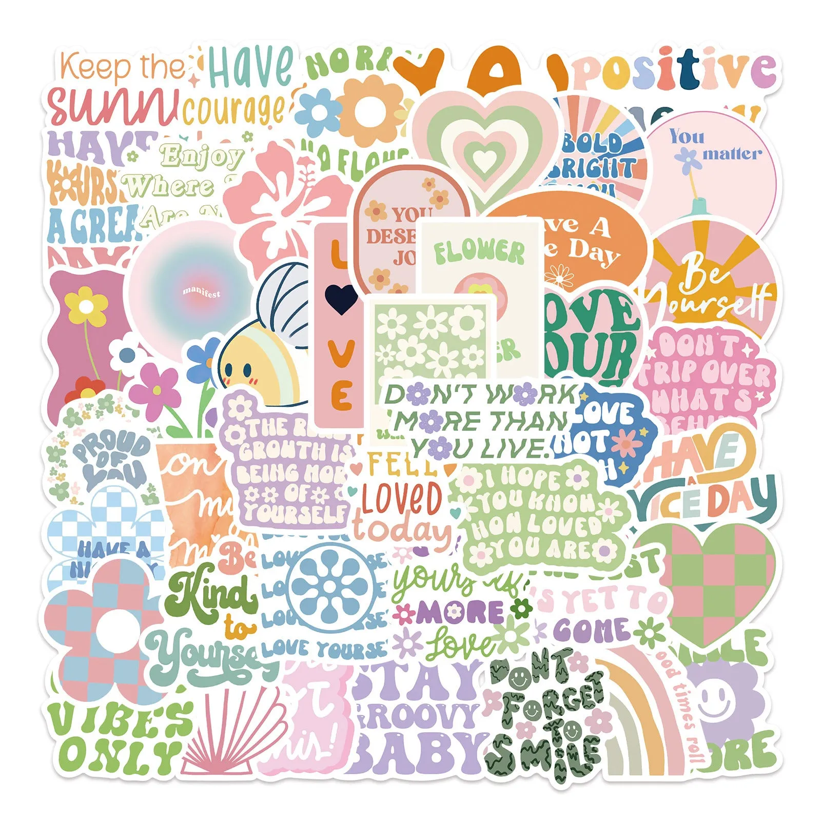 Pack of 50 Danish pink motivational stickers with cartoon graffiti patterns, each 4-6cm.
