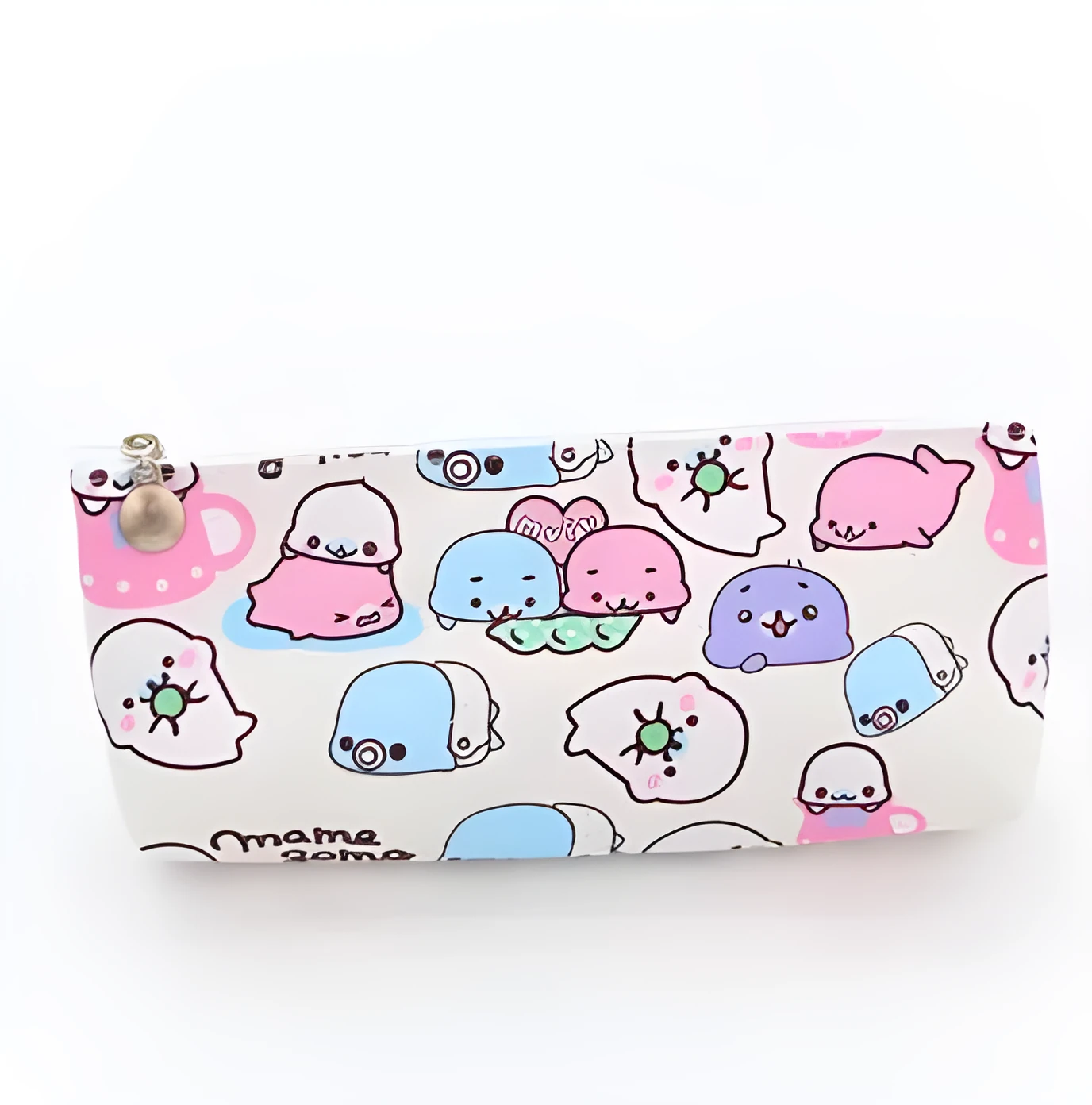 Blue triangle PU leather pencil case with cartoon expressions and zipper, measuring 20cm by 9.5cm