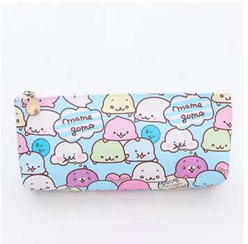 Blue triangle PU leather pencil case with cartoon expressions and zipper, measuring 20cm by 9.5cm