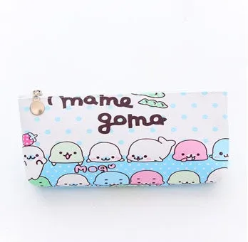 Blue triangle PU leather pencil case with cartoon expressions and zipper, measuring 20cm by 9.5cm