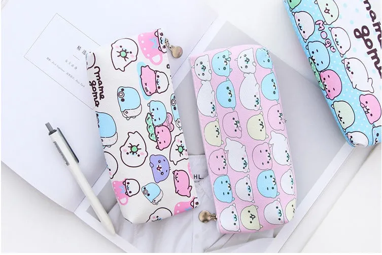 Blue triangle PU leather pencil case with cartoon expressions and zipper, measuring 20cm by 9.5cm