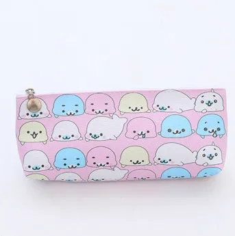 Blue triangle PU leather pencil case with cartoon expressions and zipper, measuring 20cm by 9.5cm
