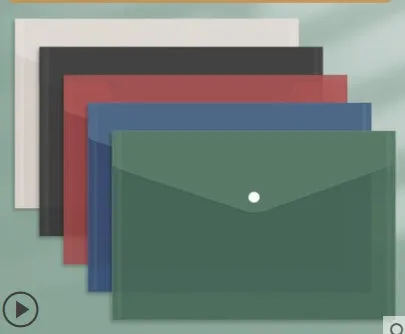 Transparent thickened plastic A4 file bag with snap closure, shown in various colour options.