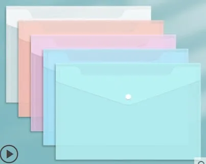 Transparent thickened plastic A4 file bag with snap closure, shown in various colour options.