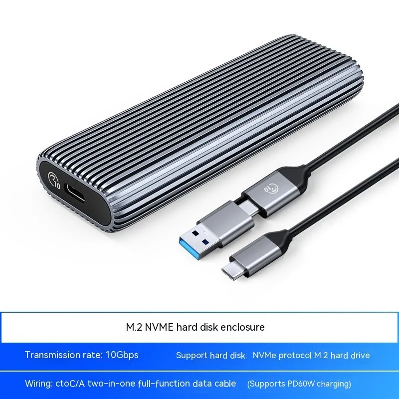Aluminium external SSD enclosure for M.2 SATA and NVMe hard drives with data cable