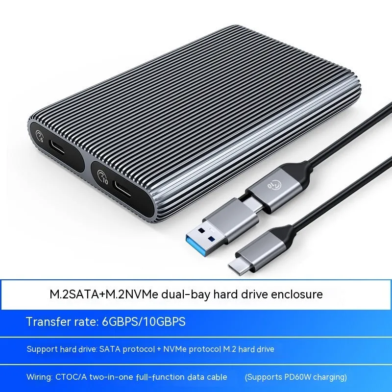 Aluminium external SSD enclosure for M.2 SATA and NVMe hard drives with data cable