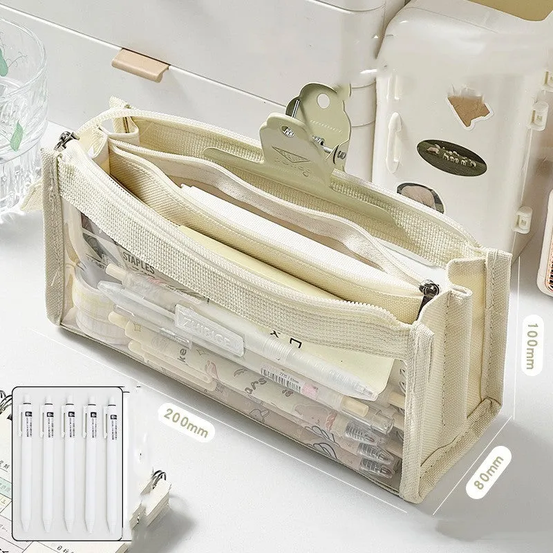 Transparent non-woven fabric pen bag for primary school with capacity for 80 writing instruments