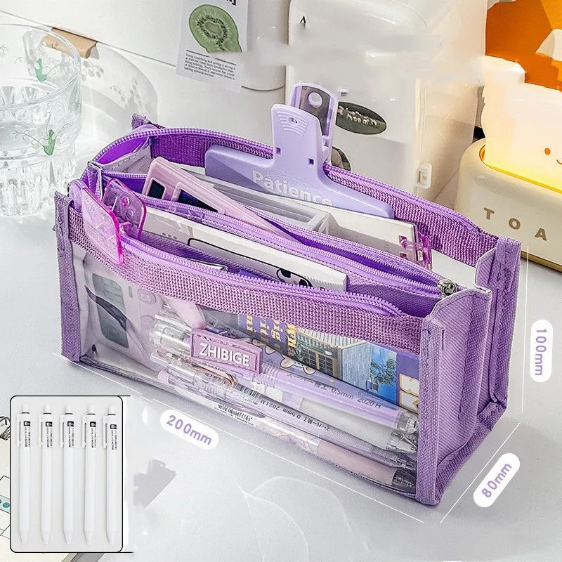 Transparent non-woven fabric pen bag for primary school with capacity for 80 writing instruments