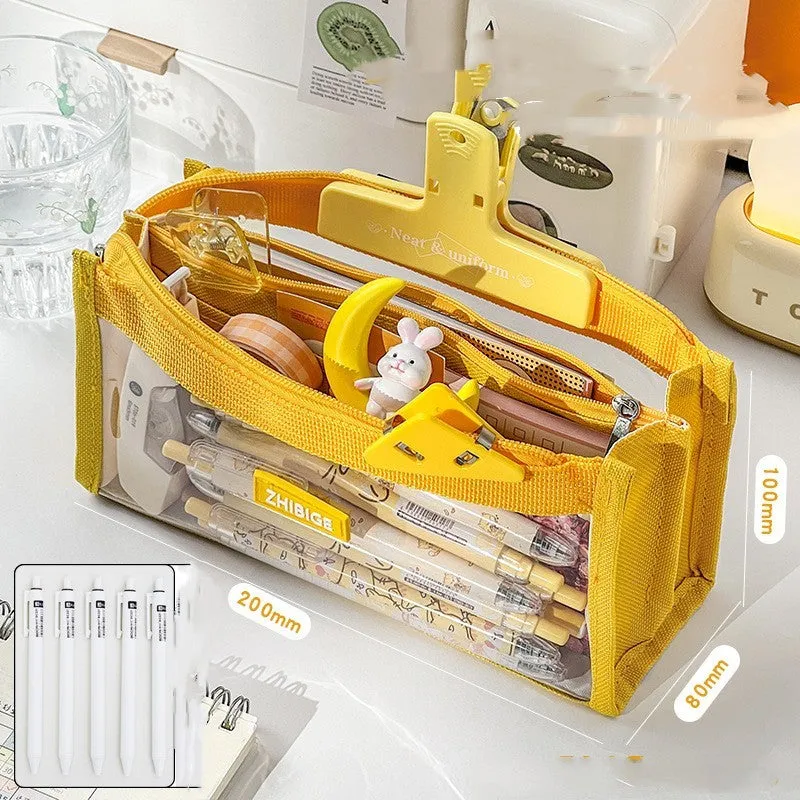 Transparent non-woven fabric pen bag for primary school with capacity for 80 writing instruments
