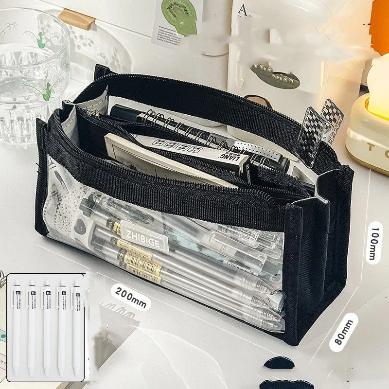 Transparent non-woven fabric pen bag for primary school with capacity for 80 writing instruments
