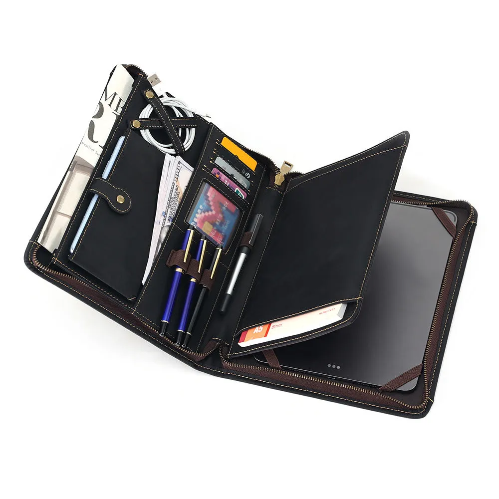Genuine cowhide leather computer protective case with organisational compartments.