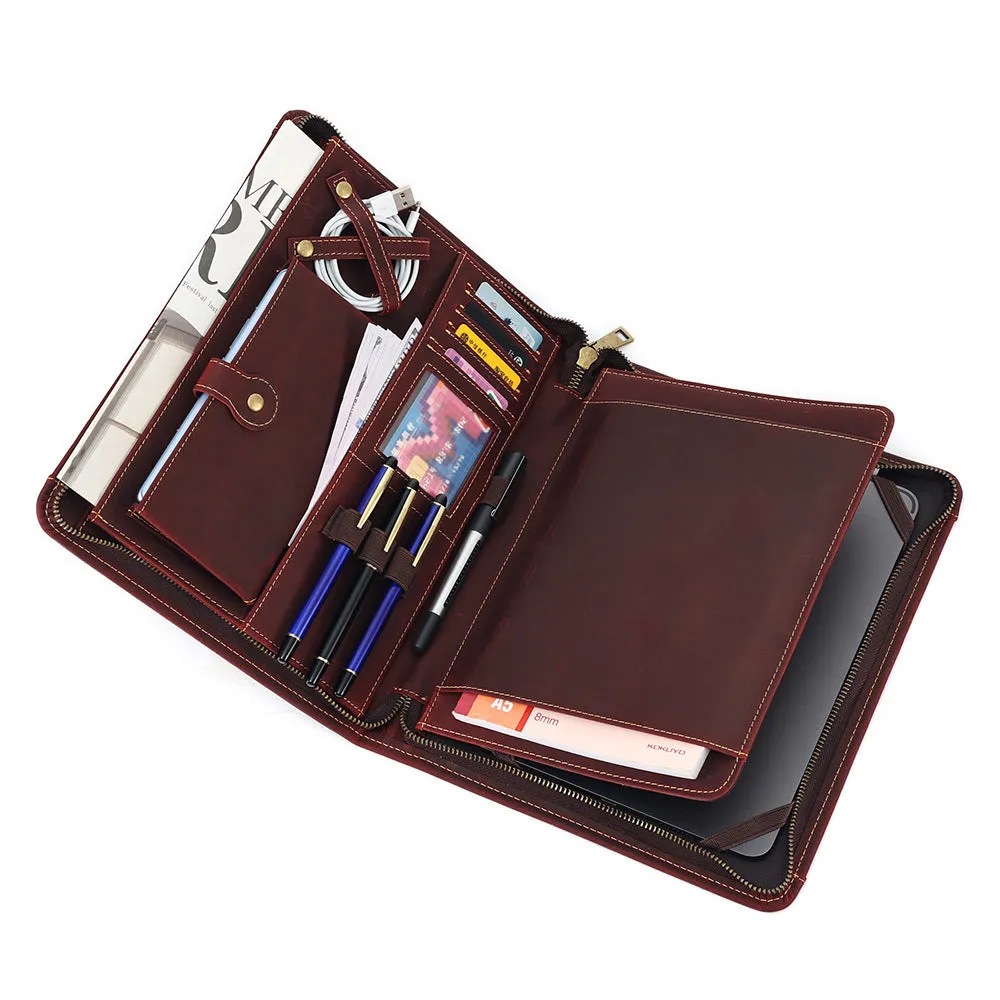 Genuine cowhide leather computer protective case with organisational compartments.