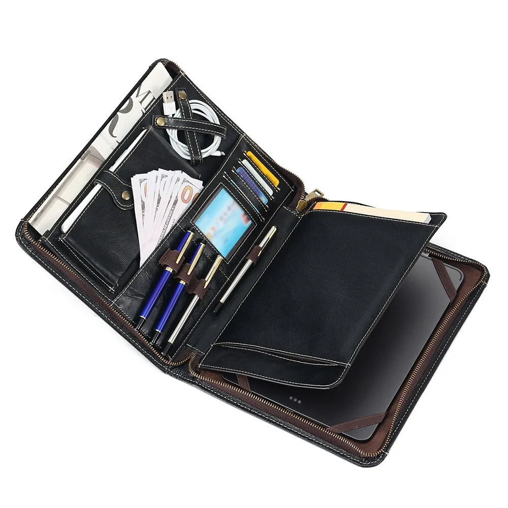 Genuine cowhide leather computer protective case with organisational compartments.