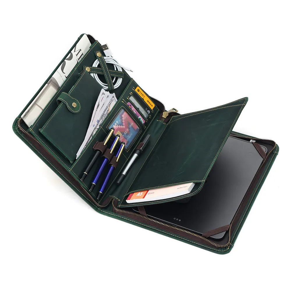 Genuine cowhide leather computer protective case with organisational compartments.
