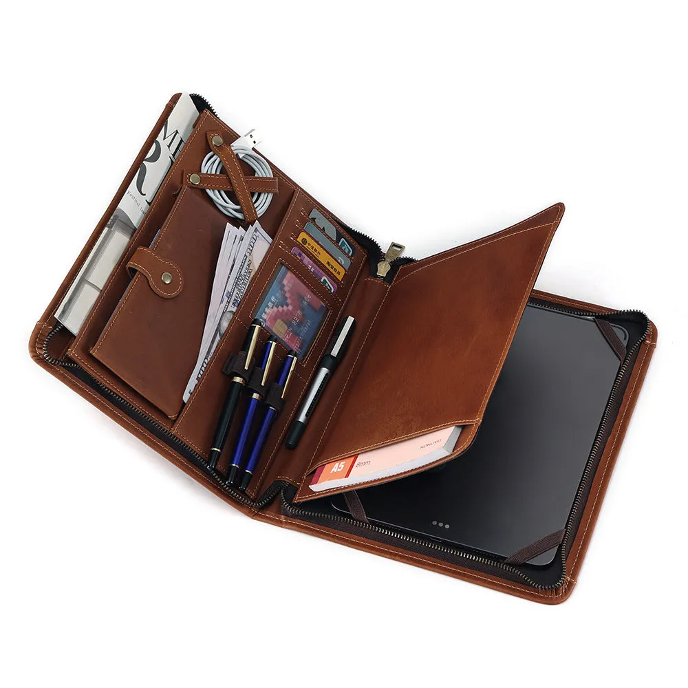 Genuine cowhide leather computer protective case with organisational compartments.
