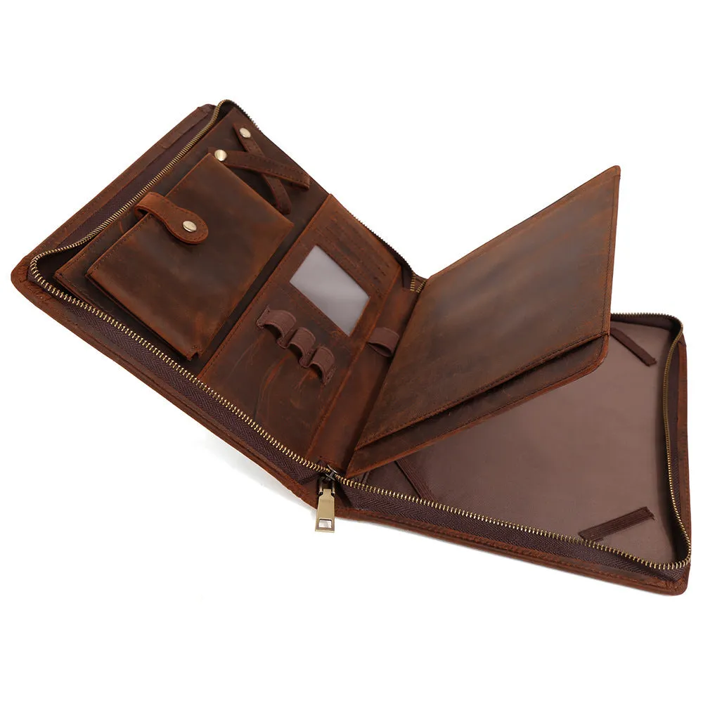 Genuine cowhide leather computer protective case with organisational compartments.