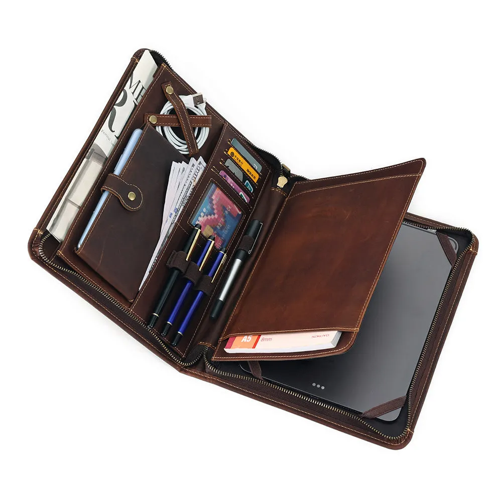 Genuine cowhide leather computer protective case with organisational compartments.